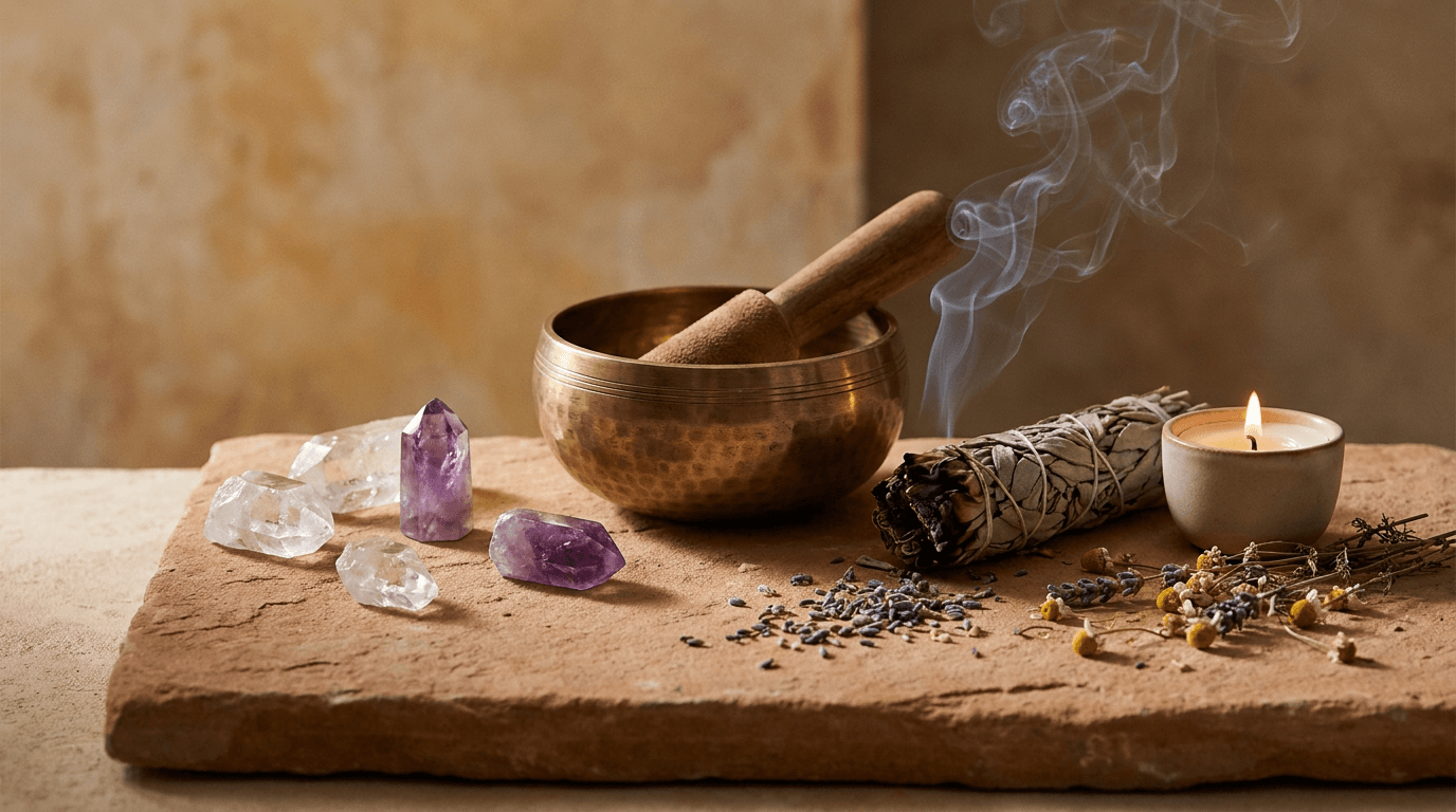 Brass singing bowl, crystals and sage smoke for an energy healing ritual